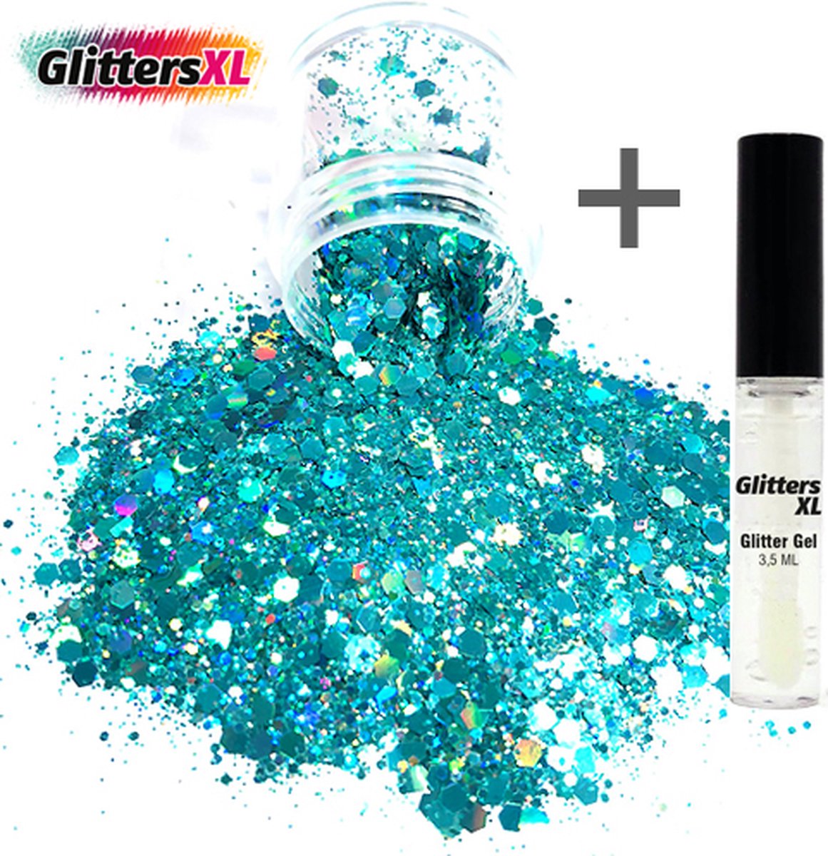 GlittersXL - Chunky Glitters (Turquoise) (Volume 8g) + Glitter Huid Lijm [Festival Makeup Gezicht Lichaam - Face Body Glitter - Biologisch afbreekbaar - Versiering Dames Volwassen Kinderen]